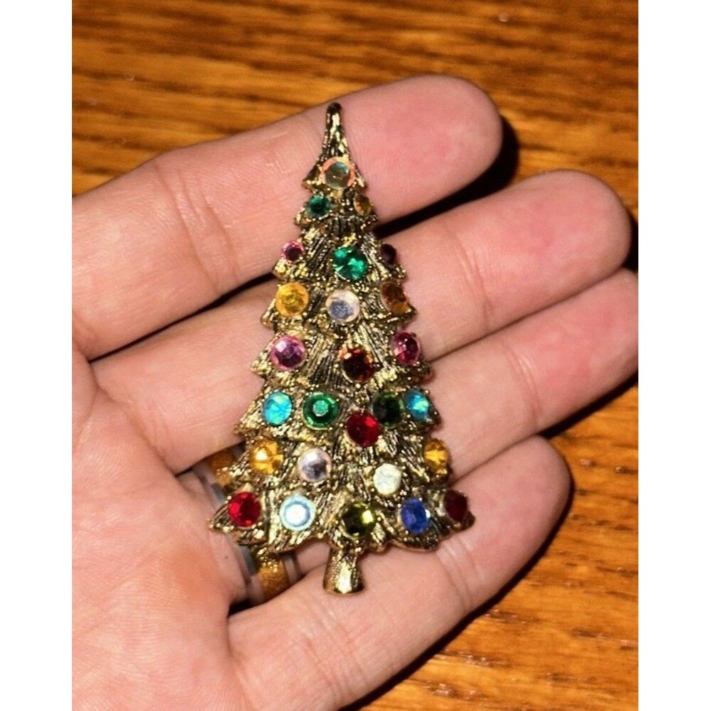 VINTAGE 70'S MULTICOLOR RHINESTONE SILVER CHRISTMAS TREE PIN BROOCH